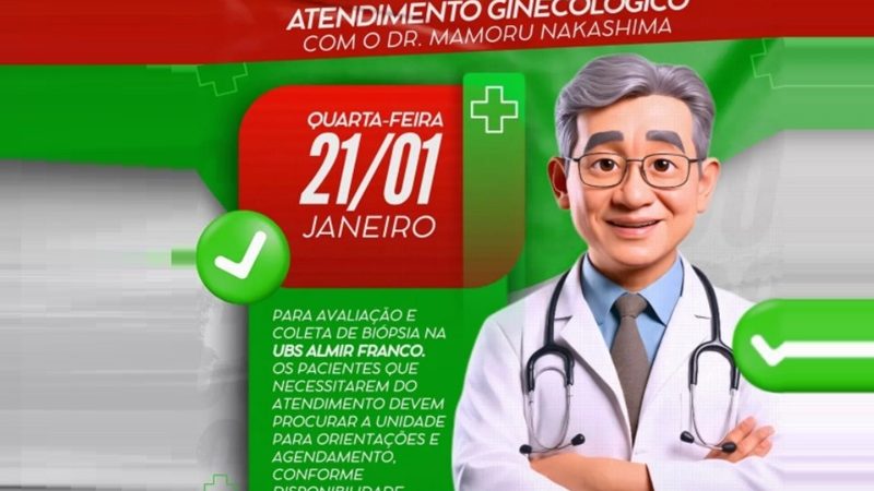 A prefeitura de Caapiranga comunica que dia 21 de Janeiro terá atendimento Ginecológico com o Dr Mamoru Nakashima